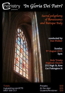 Image of the poster for Choristry Choir Melbourne's 'In Gloria Dei Patri' concert